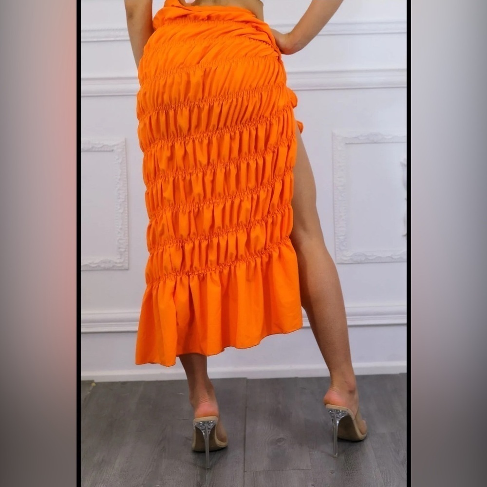 Vibrant Orange Ruched Women's Skirt - Picture 2 of 6